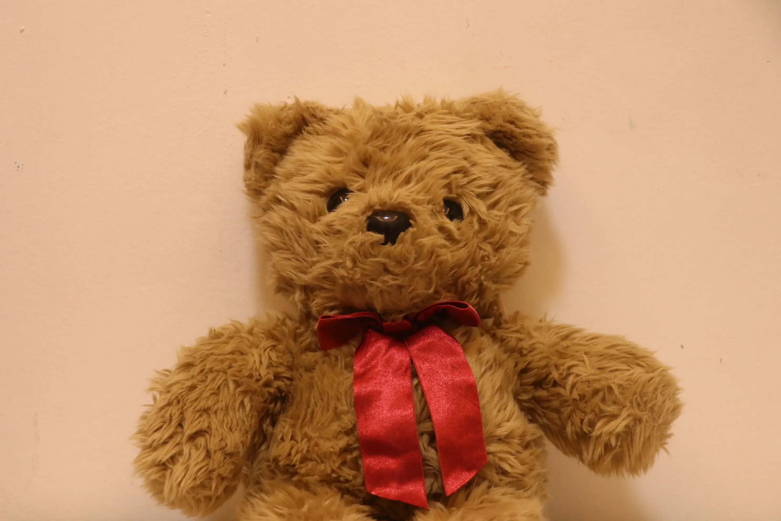 A brown teddy bear with a red ribbon